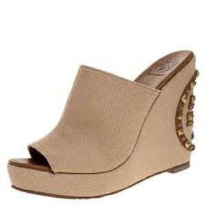 Tory Burch Beige Canvas Studded Wedge Open Toe Sandals size 8